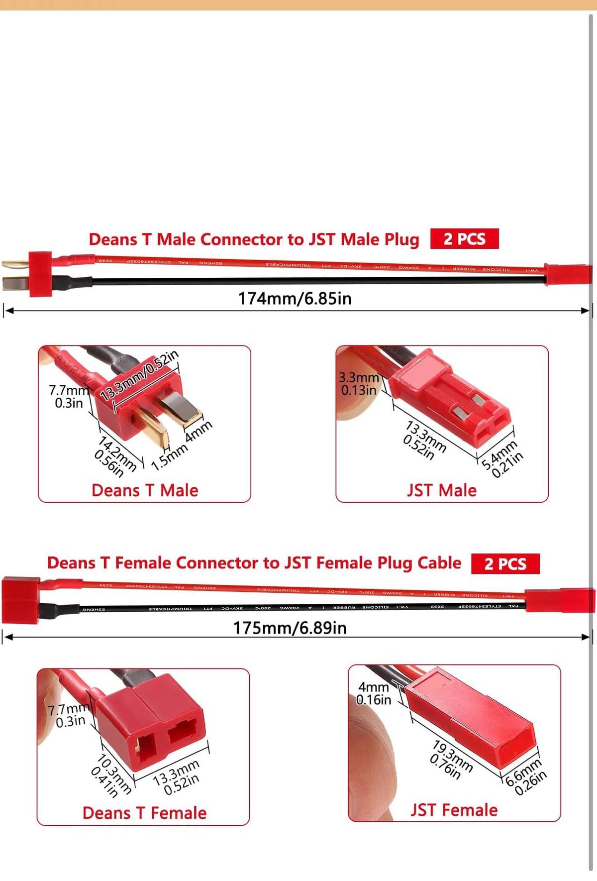 YIXISI T-Plug Deans Pigtail Kabels 4st 20AWG Siliconen