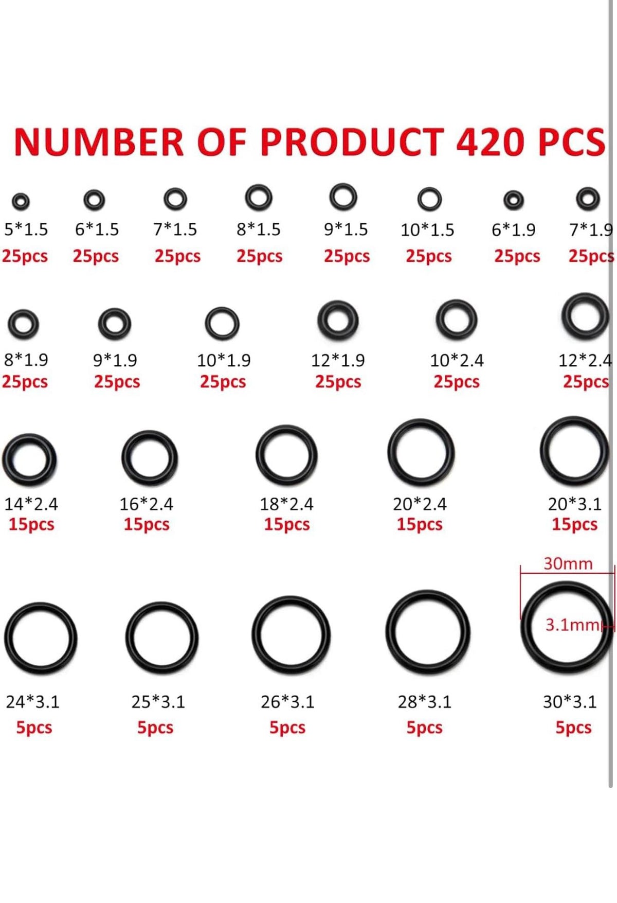 YIXISI Nitril O-ring Assortiment 270st Zwart 24 Maten