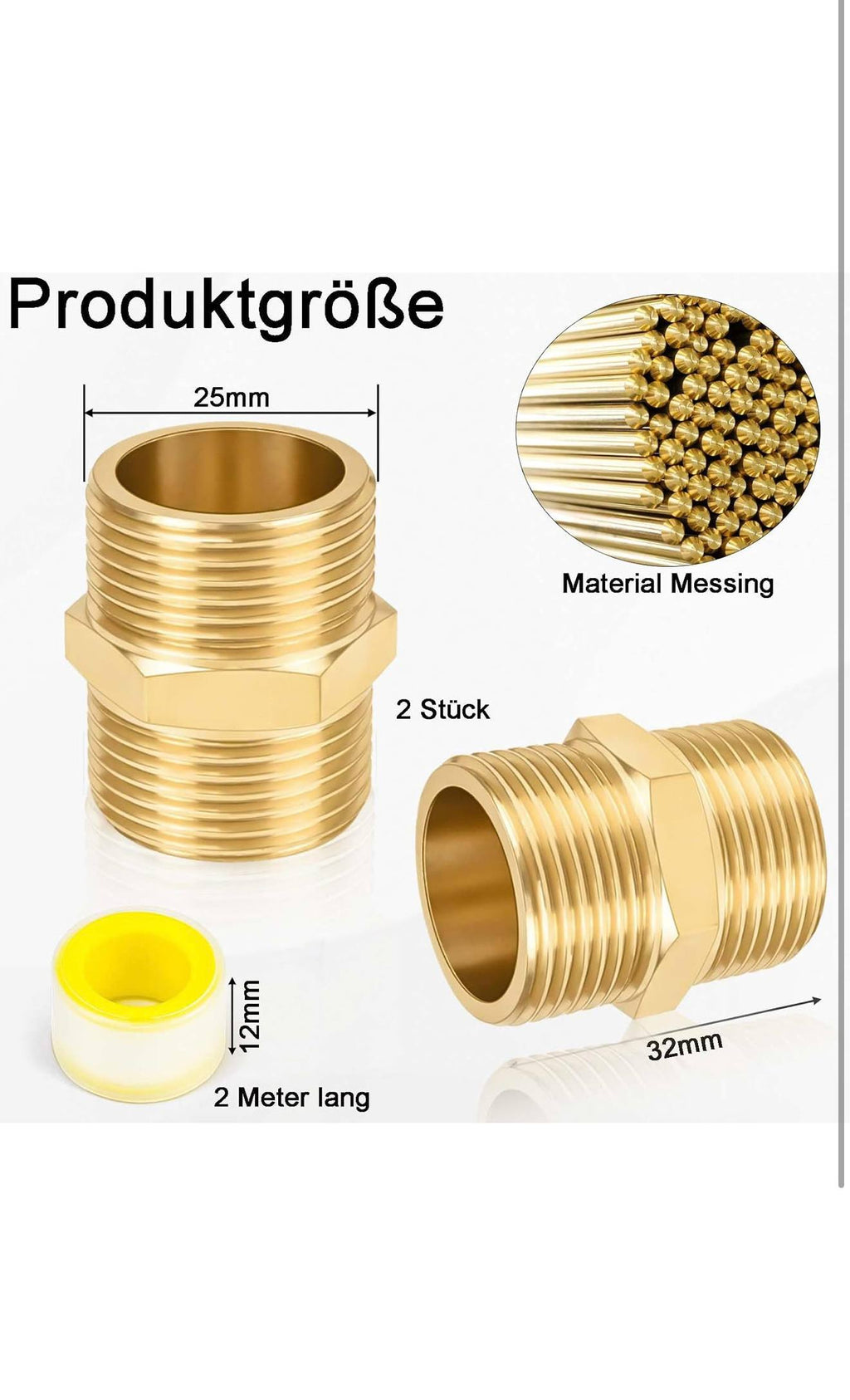 YIXISI Messing Zeskant Nippel Fittingen 2st + PTFE Tape