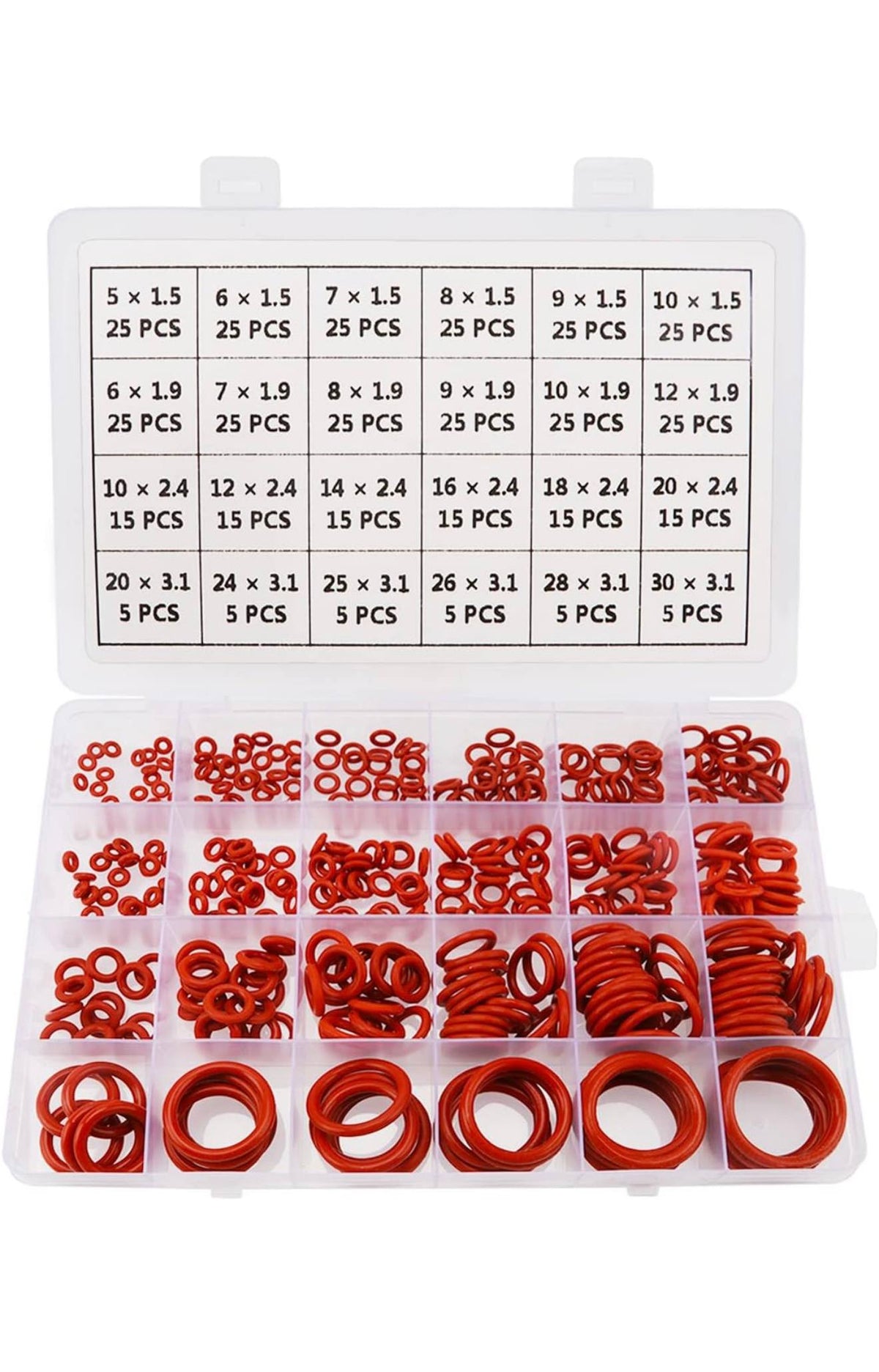 YIXISI Siliconen O-ring Assortiment 270st Rood 24 Maten