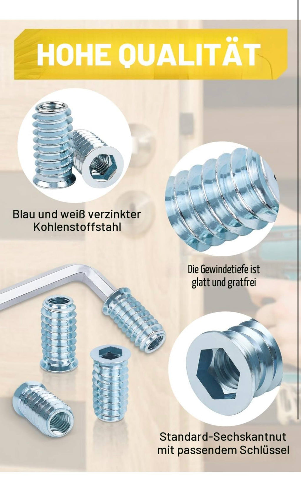 Caianwin Houtdraad Inzetstukken 20st M8 + Inbussleutel