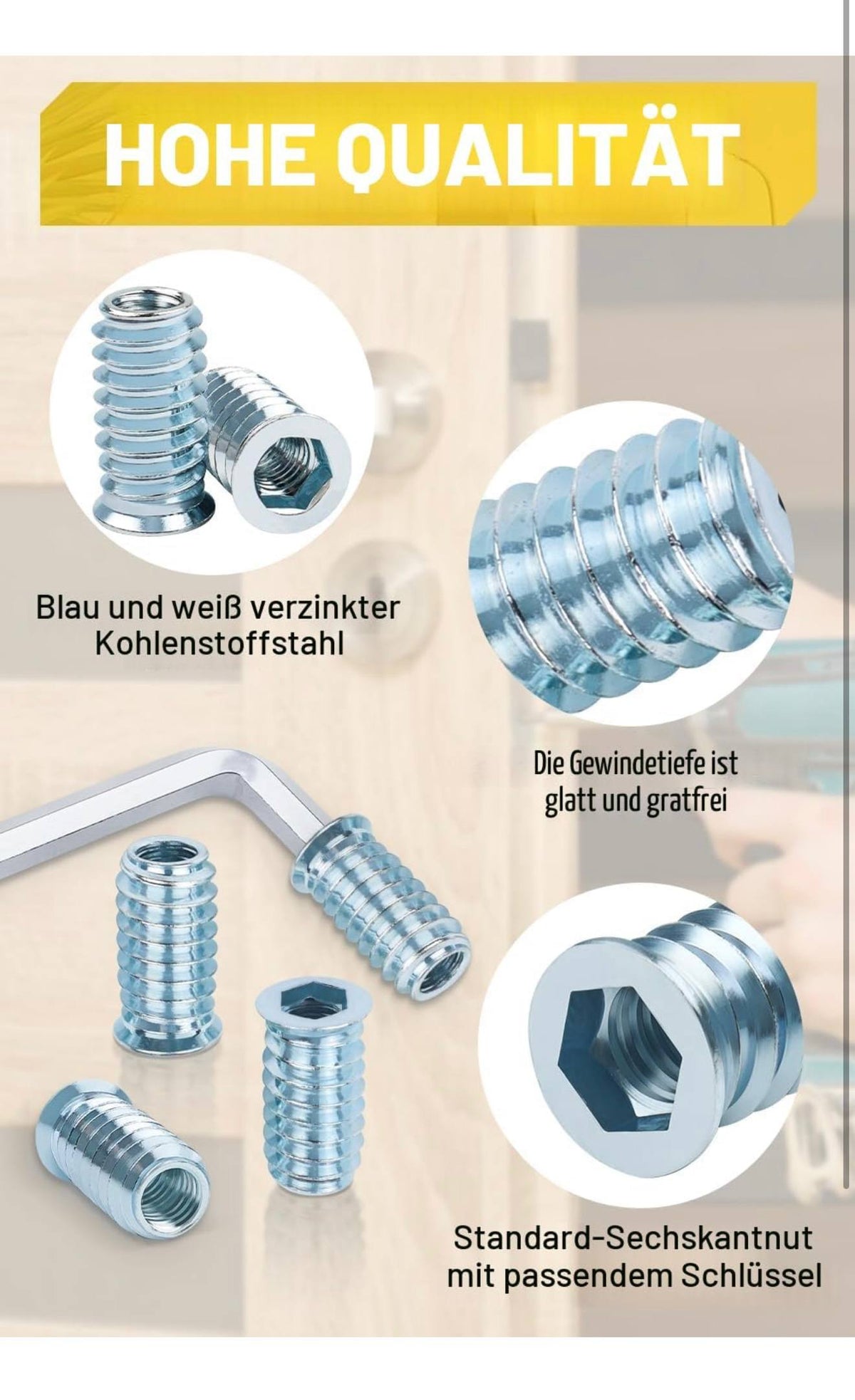 Caianwin Houtdraad Inzetstukken 20st M8 + Inbussleutel