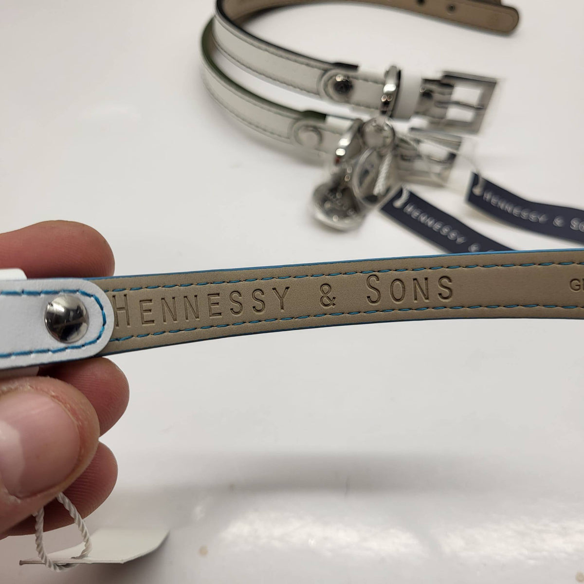 Hennessy & Sons White Perforated Leather Dog Collar with Tag