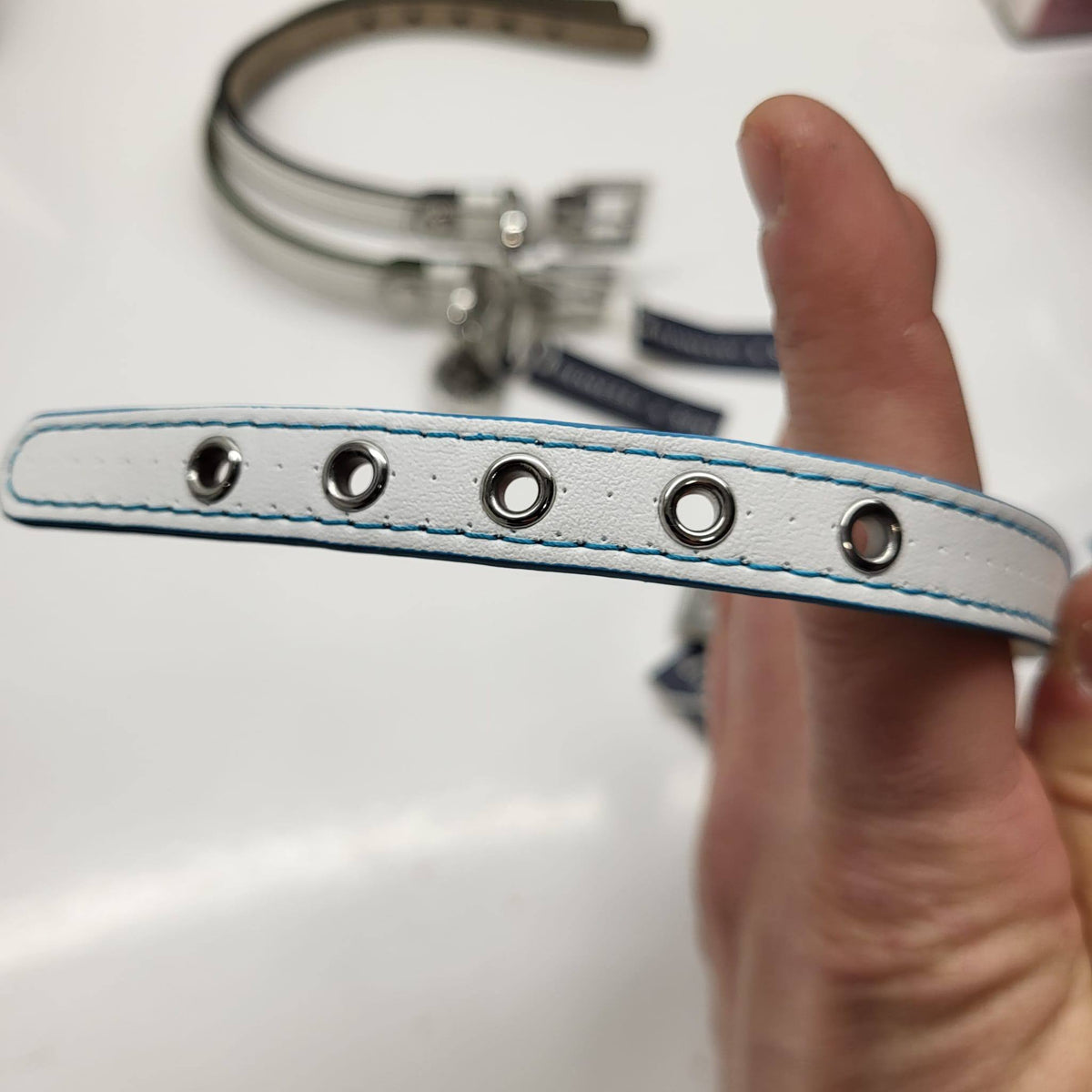 Hennessy & Sons White Perforated Leather Dog Collar with Tag