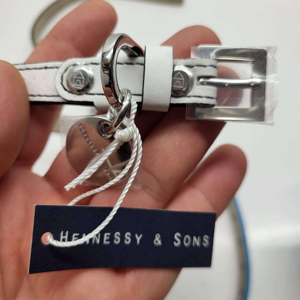 Hennessy & Sons White Perforated Leather Dog Collar with Tag