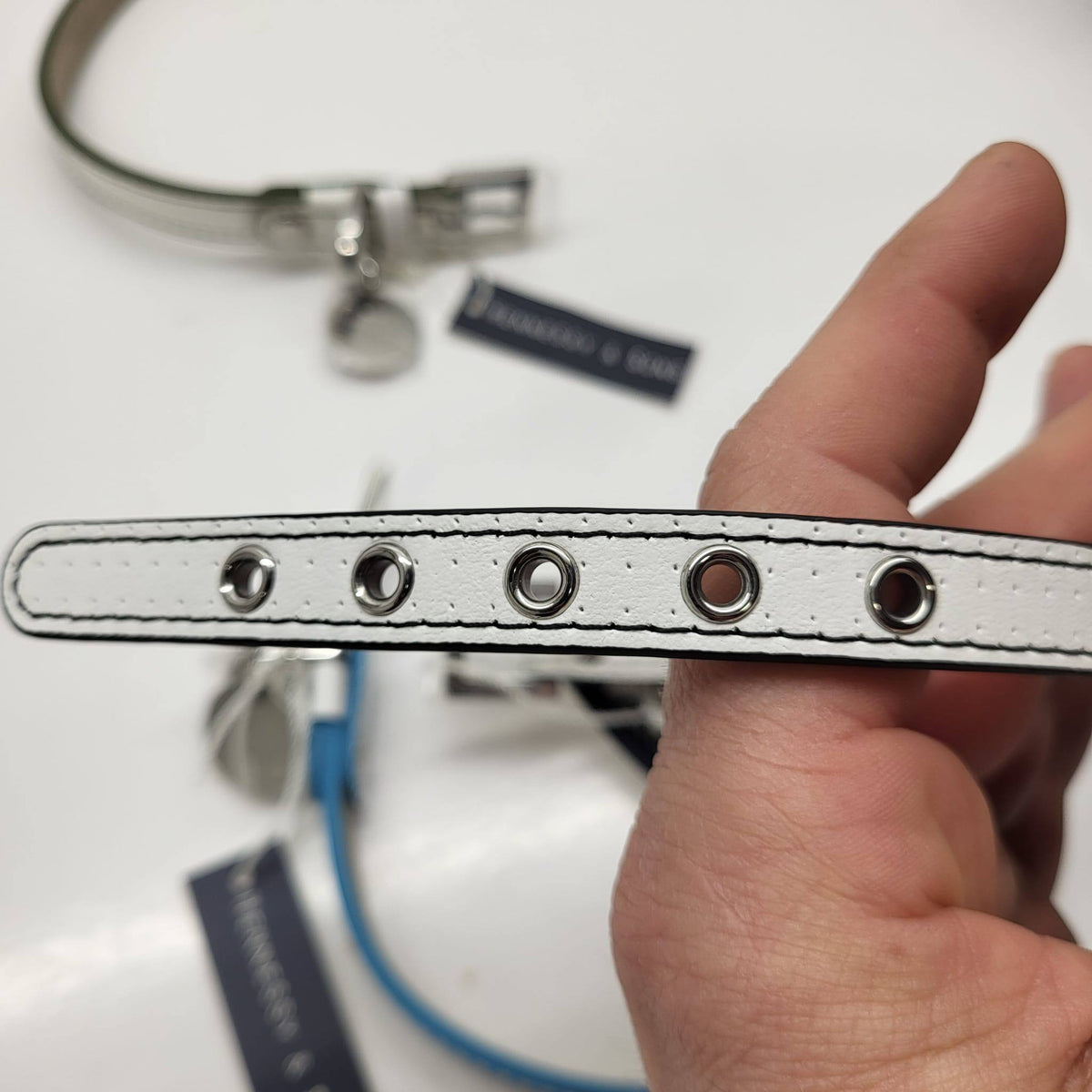 Hennessy & Sons White Perforated Leather Dog Collar with Tag