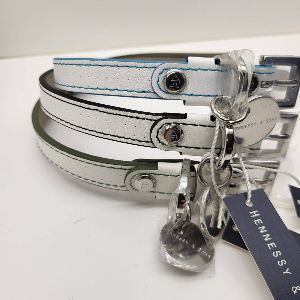Hennessy & Sons White Perforated Leather Dog Collar with Tag